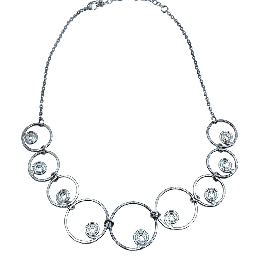 Vtg Artisan Studio Hammered Circle Link Necklace Wire Spiral Geometric Statement